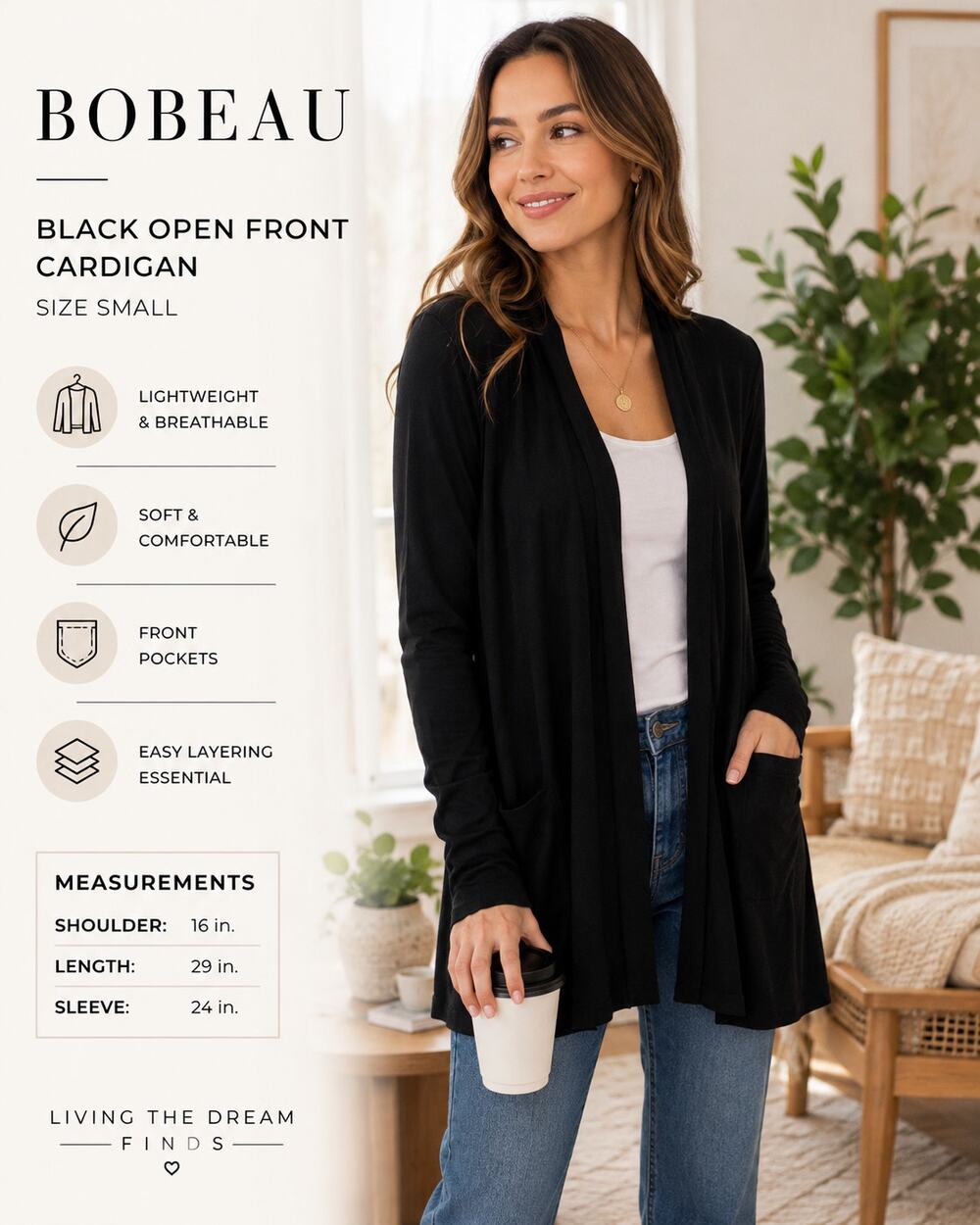 Bobeau Black Open Front Cardigan Sweater Women's Small Long Sleeve Lightweight